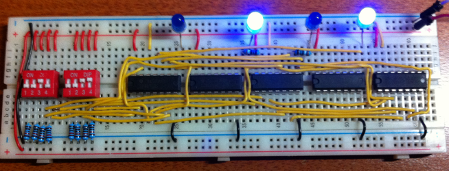 4-Bit Adder circuit on breadboard